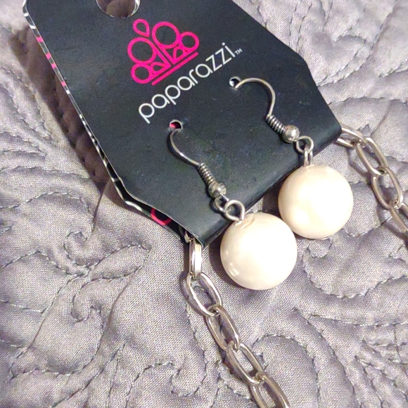 Silver, Faux Pearl & Rhinestone Necklace and Earrings. 14in with a 5 in tassel. - Picture 2 of 4